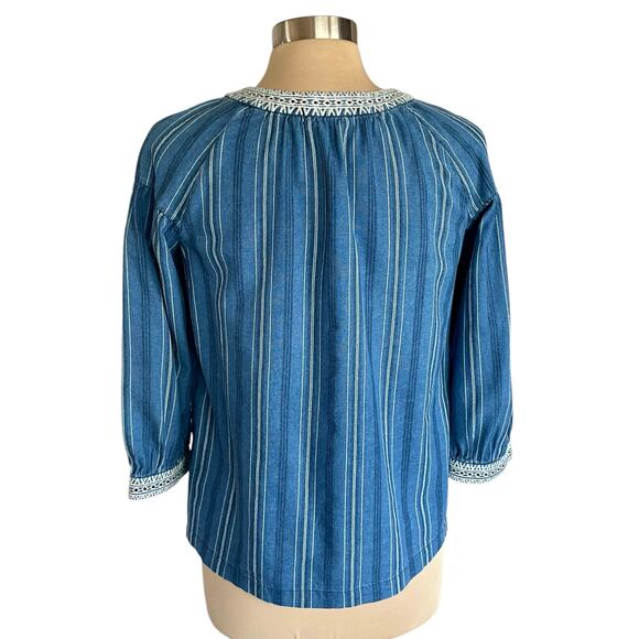 Massimo Dutti Blue Striped Keyhole Neck Embroidered Trim Top SMALL Spring Casual - Picture 4 of 6